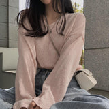 Solid Color V-Neck Oversized Knitted Tee-Outfit