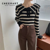 Black And White Striped Sweater Women Korean Fashion Ribbed Preppy Style Sailor Collar Sweater Winter Autumn
