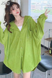 Coats Summer Solid Hooded Oversize Button Thin Sweatshirts Women Preppy Style Mid Length Zip Up Jackets Korean