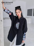 Vintage Embroidered Shirts For Women Spring 2022 Fashion Cotton Black White Batwing Long Sleeve Designer