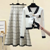 Women Autumn Winter Vintage fragrant Knitted Two Pieces Sets Korean Long Sleeve Knit Cardigan And High Waist Plaid Skirts