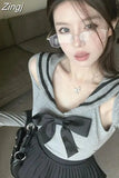 Sleeve Gray Hollow Out Y2K Tshirt Sailor Collar Women Slim Waist Black Bow Sexy Camisetas Chic Preppy Style Vintage