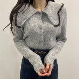 Fashion Women Sweaters Sweet Patchwork Ruffled Knitted Sweater Vintage Peter Pan Collar Pull Femme Winter Pullovers