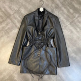 2022 Fall Winter Long Sleeve Turn Down Collar Drawstring Slim Waist Faux Leather Black Pu Jacket Women Coat