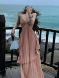New Fashion Women Sexy Pleated Boho Long Dress Vacation Beach Strap A line Ladies Robe 2023