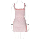 Solid Satin Square Neck Strap Mini Dress-Outfit