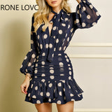 Women Long Sleeves Dot Print Ruffles Mesh Open Back Dress Elegant Fashion Chic