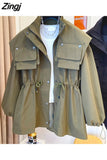 Spring Autumn Oversized Windproof Waterproof Windbreaker Women Luxury Brand Zip Up Loose Jacket Drawstring Pockets