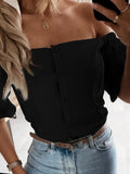 Women Simple Solid Buttoned Blouses Office Ladies Short Sleeve New Casual Fashion Tops Sexy Slash Neck Off Shoulder