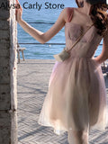 Summer Causal Vintage Fairy Dress Women Patchwork Korean Sweet Elegant Party Dress Female Outwear Sexy Evening Beach