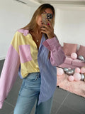 All-Match Patchwork Striped Color-Block Women Long Shirt 2021 Spring Summer New Elegant Pocket Lapel Collar Casual