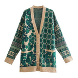 Vintage Geometry V-Neck Green Cardigan Women 2021 Single Breasted Long Sleeve Winter Knitted Sweaters Chic