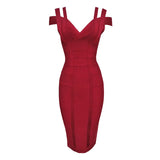 2021 Spaghetti Strap Solid Women Bandage Dresses Hollow Out Sleeveless Mid-Calf V-Neck Night Club Fashion Women