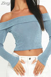 Off Shoulder Long Sleeve Tees Crop Tops Women Fall Spring Slash Neck Slim Fit Short T-Shirts Street Casual Base