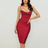 High Quality Satin Spaghetti Strap Bodycon Dress For Women Summer Sleeveless Backless Double Layer Party Club