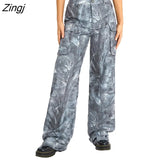 Women Fashion Tie-Dye Print Casual Cargo Pants High Waist Big Pockets Loose Trousers Spring Fall Long Baggy