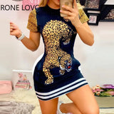 Women Tiger Print Short Sleeve Casual Dress Summer Mini Elegant