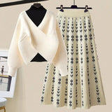 Warm Knitwears 3 Pieces Set For Womens Outfit Korean High Quality Pullover Knitted Sweater+print Pleated Skirts Sets