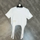2022 Summer New Arrivals Short Sleeve O Neck Metal Buckles Tassel White T Shirt Women