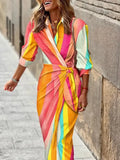 Summer Fashion Print Dress Blouse Neck Tie Mid Length Striped Skirt Casual Comfortable Street Women's Wear Dresses