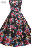 Print Vintage Dress Women Summer Pin Up Elegant Party Rockbility Robe A-Line Office Sundress