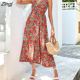 Floral Print Sexy Dress for Women Summer Dresses 2022 New Street V-Neck Backless Elasticated High Waist Midi Slip