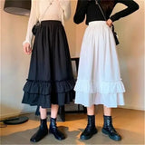 High Waist Pleated Skirt Women Loose Casual Teens School Girls Frill Ruffles Patchwork Long Midi Black White Goth