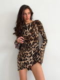 Women's Clothing 2025 Spring High-Rise Round-Neck Long-Sleeved Dress Personality Street Leopard Skirt