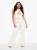 Popcorn Cloth Two Piece Set Women Sexy Cross Halter Backless Vest Crop Top Slim High Waist Flare Pants Fashion
