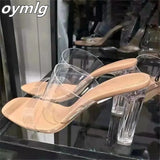 women 2022 new summer net red one word with thick heel slippers women wear crystal transparent high heels
