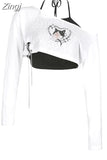 Korean Style Off Shoulder Women Casual Fashion Vintage Sexy Print T-shirt Streetwear Halter Tank Top 2 Piece 2023 New