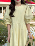 Kitty Normcore Chic Lantern Sleeves Maxi Dress Women Hollow Out Summer 2022 Slim Close Waist Solid New Sweet Casual