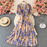 Bohemian Floral Long Dress For Women Sexy V-Neck Short Sleeve High Waist A-Line Big Swing Vestido Casual Blue Robe