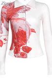 Y2K Vintage Fashion Red Tie Dye Autumn Blouse Women Tops Hook Turn-Down Collar Aesthetic Shirt Slim Cardigan