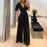 Women Jumpsuit Puff Short Sleeve V Neck Backless Nipped Waist Loose Wide Legs Casual Pants Romper High
