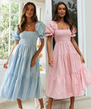 Plaid Puff Sleeve Midi Dress-Outfit
