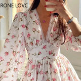 Women Floral V neck Puff Sleeve Lace Sweet Short