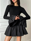 Ruffled Patchwork Long Sleeve Mini Dress- Outfit