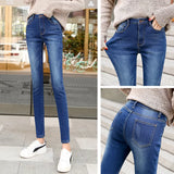 Jeans Pants For Women clothes Winter Blue Light blue Solid Skinny Fleeces Thick Pencil Pants with Velvet Denim