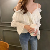 Sexy Off Shoulder Blouses Women Ruffles Solid Slash Neck Chiffon Shirts Office Lady Korean Flare Long Sleeve Casual