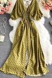 Sexy Polka Dot Romper Women Elegant V-Neck Puff Short Sleeve High Waist Jumpsuit Female Loose Wide Leg Playsuits