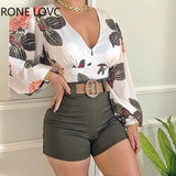 Spring V Neck Tropical Print Long Sleeve Top & Shorts Set Women Sets 2 Piece