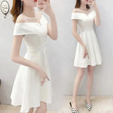 white one-shoulder small round neck women's dress new slim and thin ladies temperament mid-length A-line women's