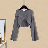 Winter Knitted Two Pieces Sets Womens Outfits Korean Casual Irregular Long Sleeve Short Sweaters And Knitting Dresses