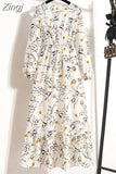 Women Elegant Floral Printed Long Dresses Spring Summer Casual O Neck Long Sleeve Ladies Chic High Waist A Line Beach