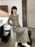 Hazy Oil Painting Long Maxi Dress Long Sleeve A Line Square Neck Designer Dress For Women 2022 Spring High