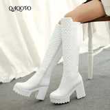 Women Shoes Winter Plush Square High Heel Knee High Boots Fashion Platform Zipper Boots Round Toe Snow Boots White Black