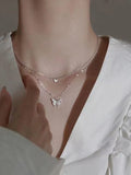 Rhinestone Butterfly Pendant Double Layered Necklace- Outfit