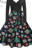 Women Christmas Dress Long Sleeve Vintage Elegant V Neck Print Big Swing Party Xmas New Year Winter Clothes S~3XL