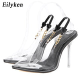 Sexy Nightclub Stripper Heels Pointed Toe Women Pumps Sandals Fashion PVC Transparent Metal Chain Party Femme